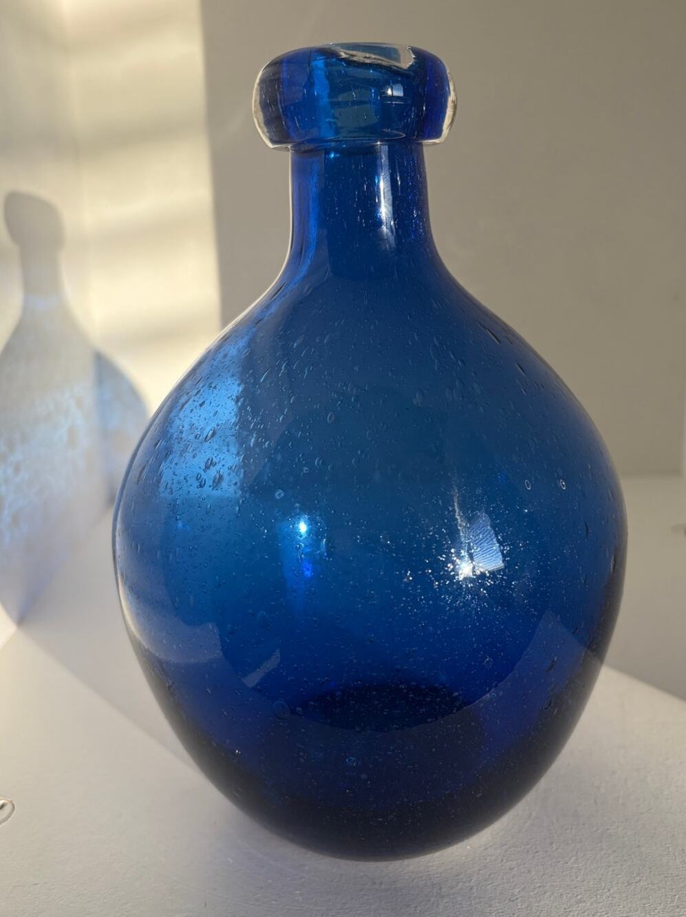 Hand Blown Blue Glass Vase w/ Pontil Bubbles